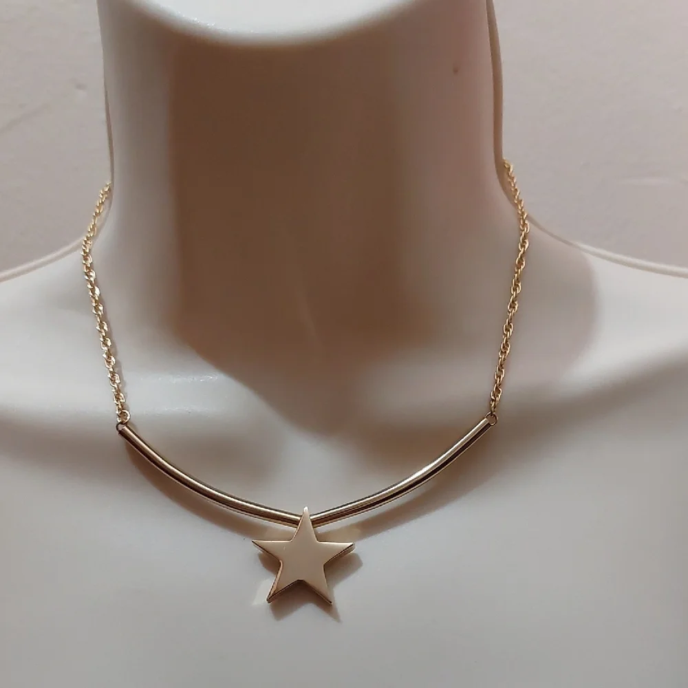 Celestial Galactic Star Pendant High Gloss Gold Tone Choker Necklace - Picture 2 of 5